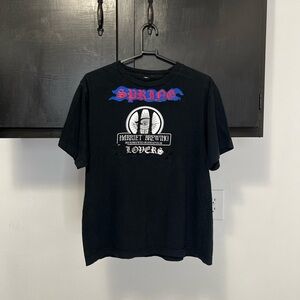 Black Graphic T-Shirt with Blue and Red Accents